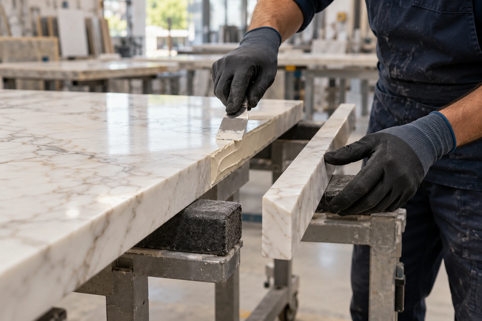 Stone workshop illustration showing adhesive application to a supported stone edge