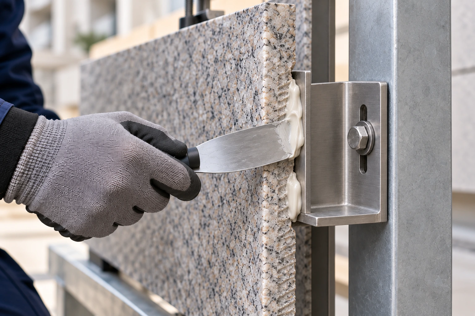 Application illustration showing epoxy at the contact seam between a stone panel edge and a metal bracket