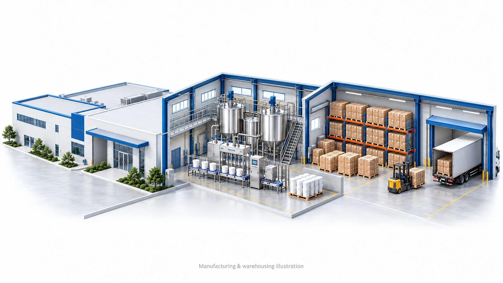 Conceptual illustration of factory exterior, adhesive production, finished goods warehousing and dispatch