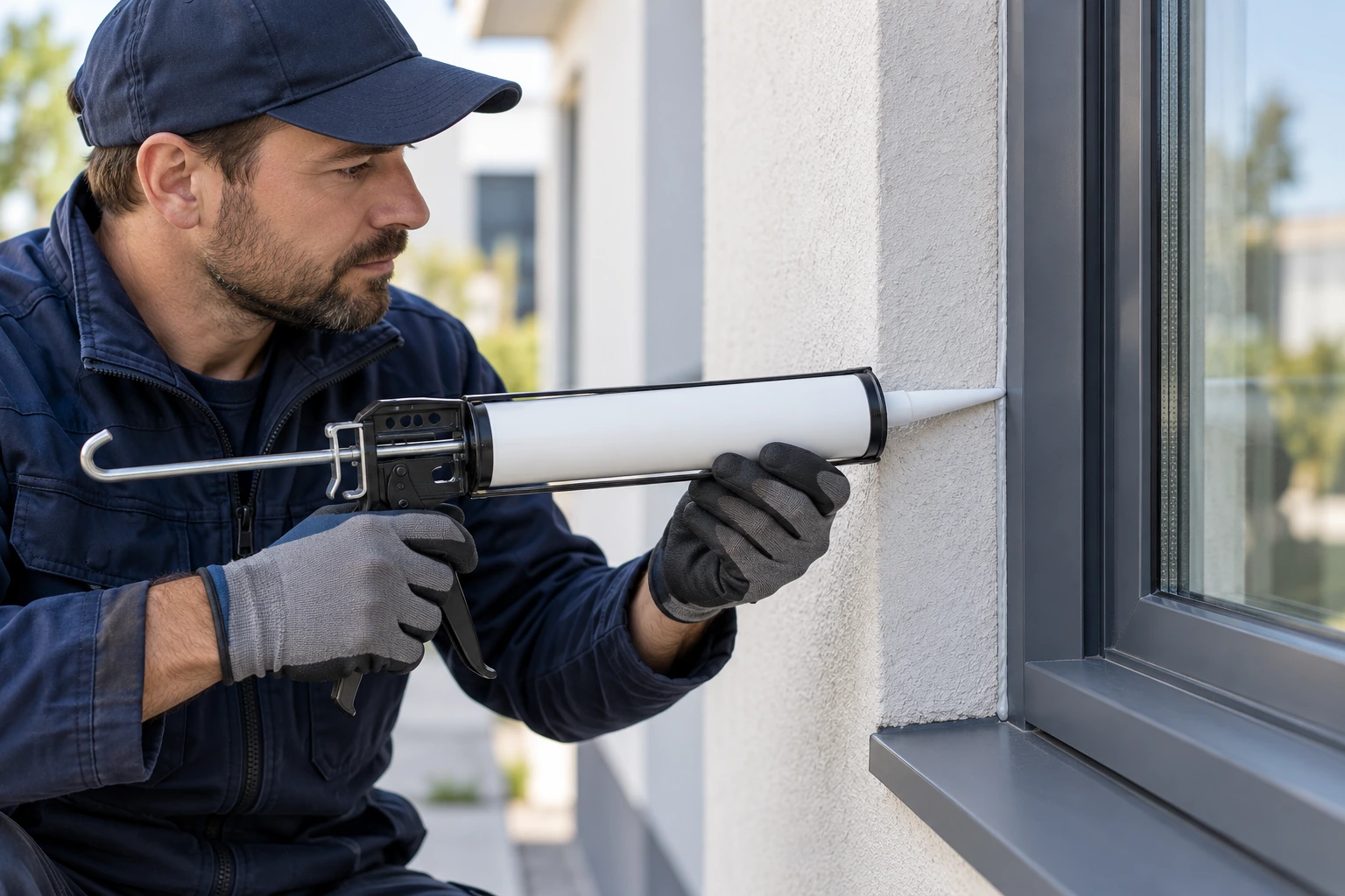 Application illustration showing a correctly oriented caulking gun at a window perimeter joint