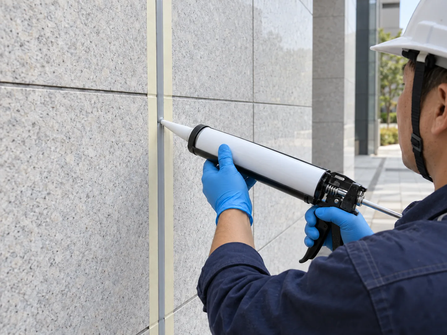 Application illustration of sealant applied along a masked stone facade joint