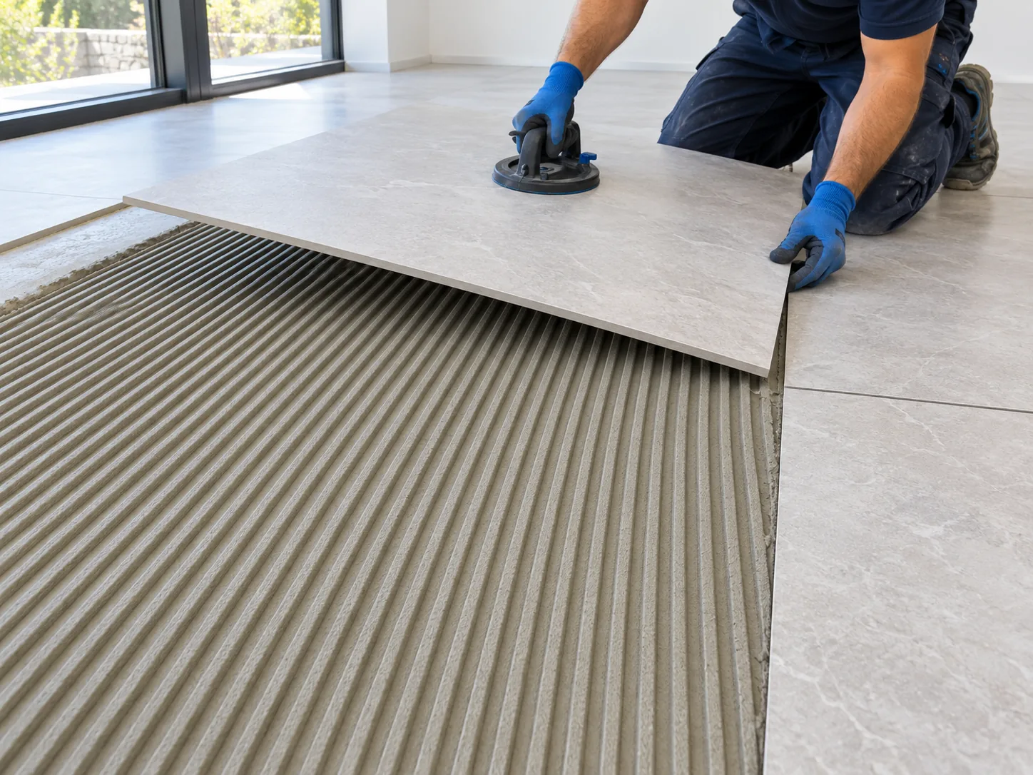 Application illustration of large format tile placement over straight parallel adhesive ridges