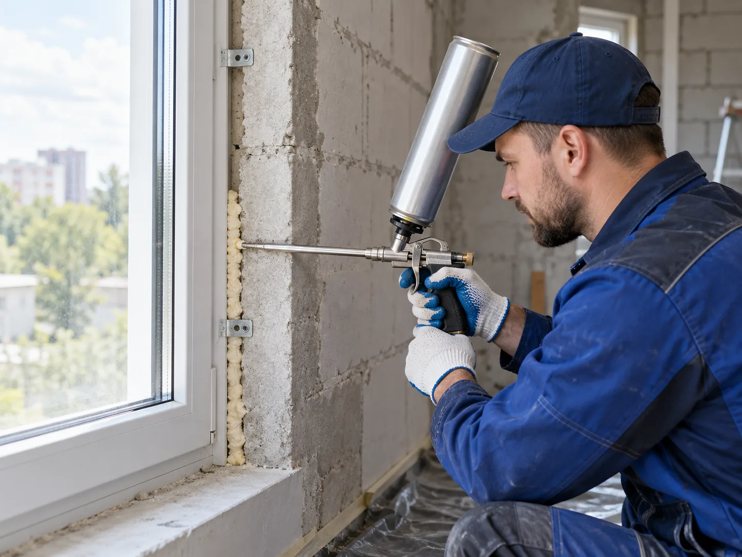 Application illustration of a worker filling a window frame perimeter gap with PU foam