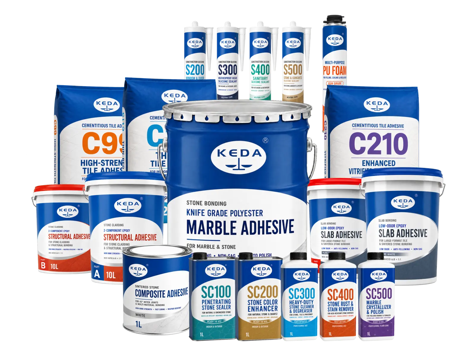 KEDA stone adhesives, tile adhesives, sealants, PU foam and stone-care product family
