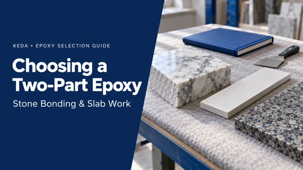 Guide de sélection d'époxy bicomposant présentant des échantillons de marbre, de panneaux et de granit sur un établi d'atelier