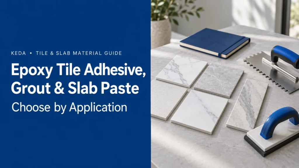 Guide to epoxy tile adhesive, grout and slab paste showing tile samples, a notched trowel and a grout float
