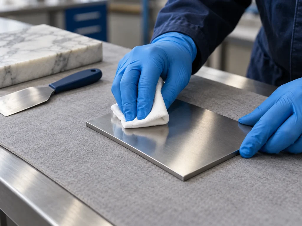 Illustration of gloved hands using a clean folded cloth on a flat metal sample during a cleaning-method trial