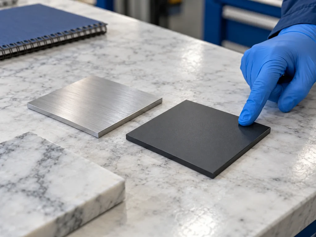 Illustration of bare and charcoal-coated metal samples being inspected beside a marble offcut