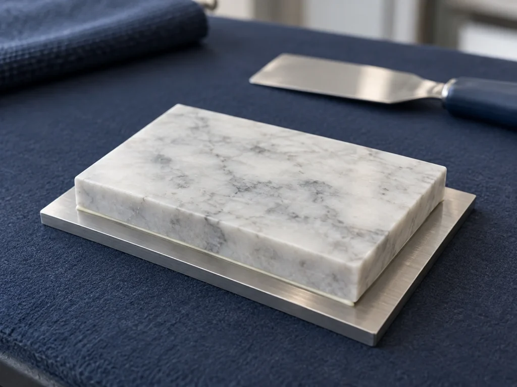 Illustration of a small marble coupon resting over an ivory adhesive layer on a fully supported flat metal plate