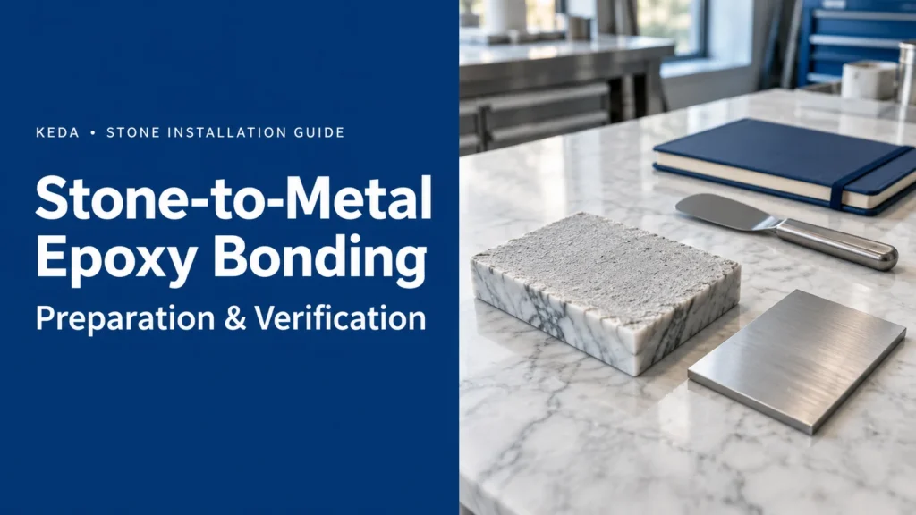 Stone-to-metal epoxy bonding guide showing a marble reverse face and a separate flat metal sample on a workshop bench