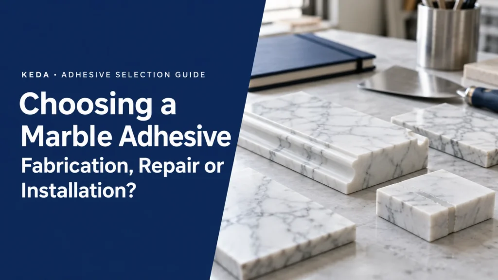 Marble adhesive selection guide showing supported marble fabrication and repair samples on a workshop bench