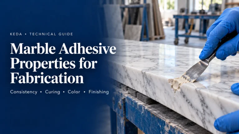 Marble adhesive properties for fabrication, with a spatula applying paste to a marble edge