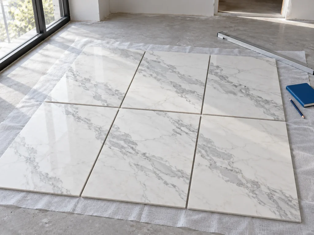 Illustration of six marble tiles arranged dry for reviewing veins, joints and layout