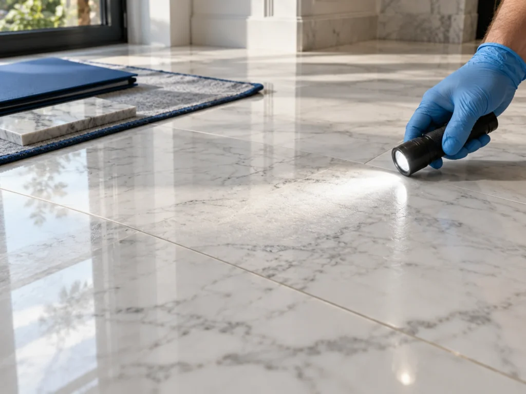 Illustration of a marble floor surface being observed with an inspection light beside handover materials