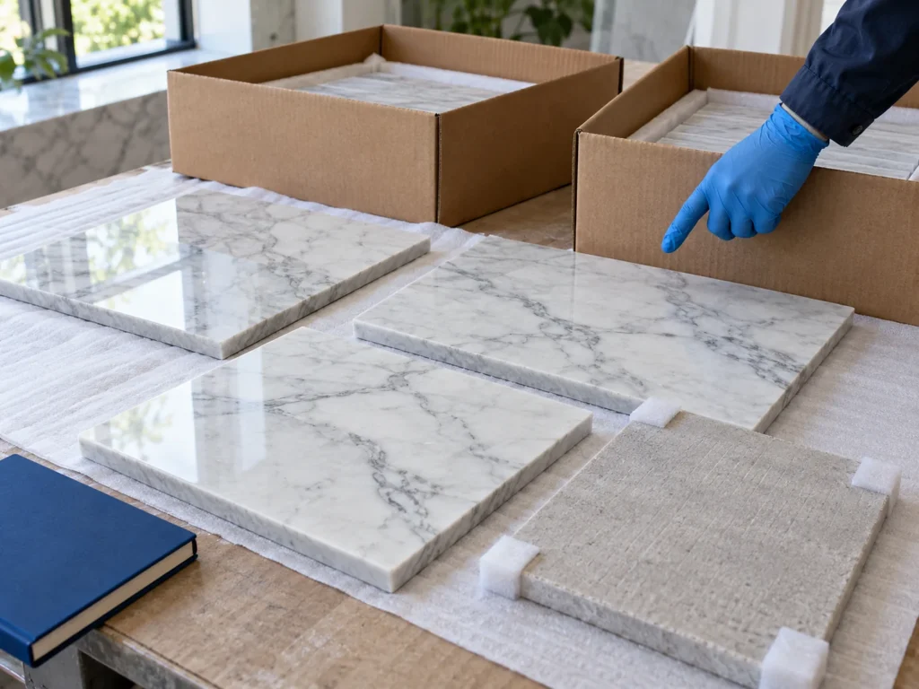 Illustration of marble tile faces and a sawn back being reviewed beside plain cartons