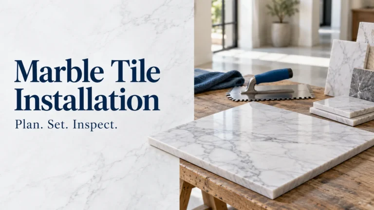 Marble tile installation guide showing white-gray stone samples and a blue-handled notched trowel