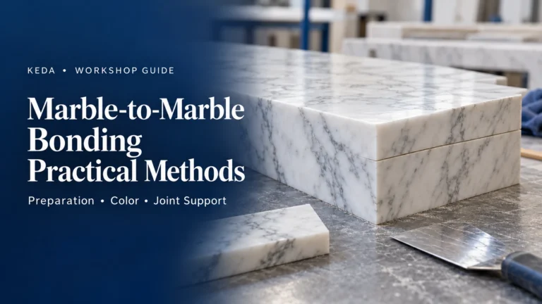 Marble-to-marble bonding for workshop fabrication, showing a supported laminated edge
