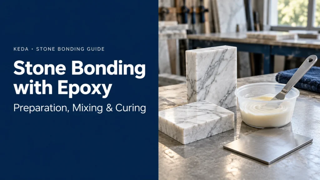 Stone epoxy bonding guide showing marble samples, a small mixing cup and a separate metal sample on a workshop bench