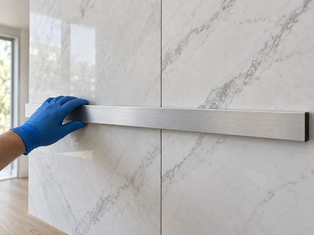Illustration of a straightedge checking surface alignment across two installed wall panels