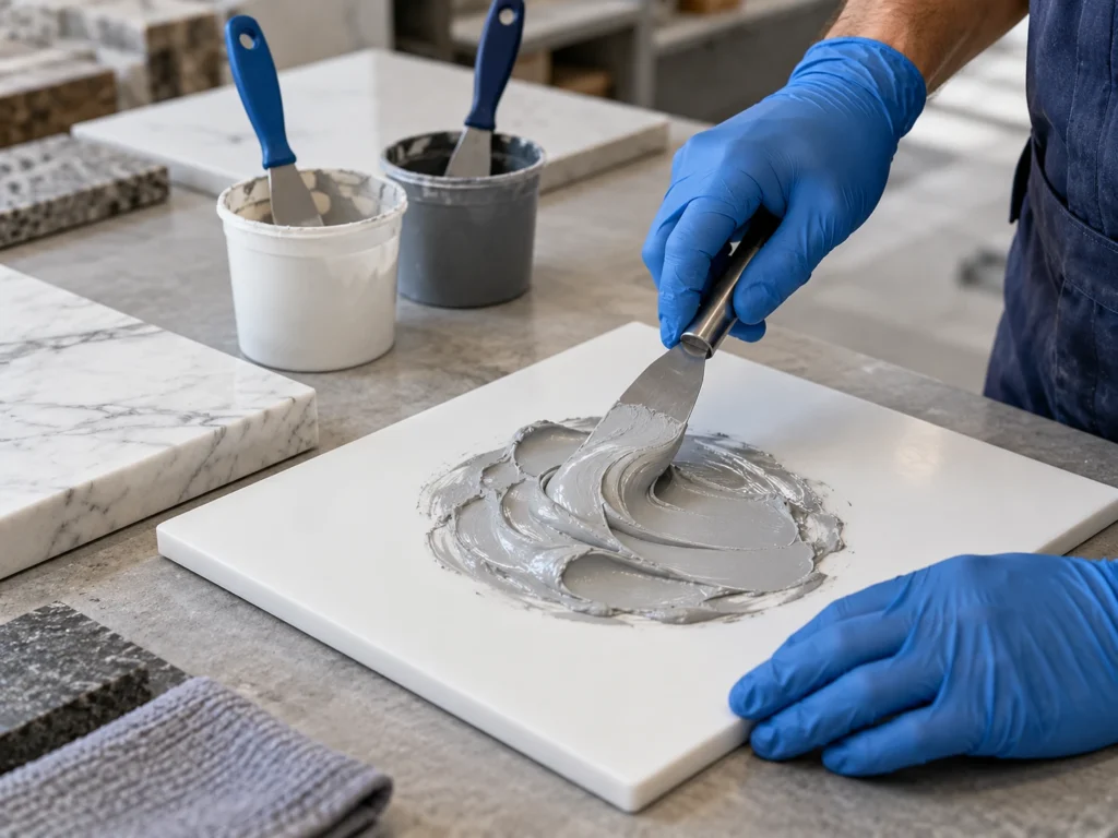 Illustration of a worker mixing a small batch of two-component epoxy paste on a clean board
