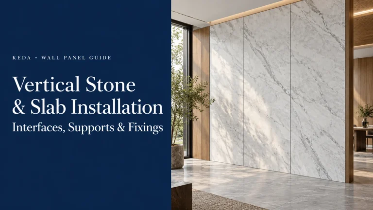 Vertical stone and slab installation guide showing an interior panel feature wall