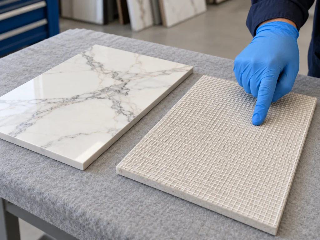 Illustration of a worker inspecting mesh backing on a supported marble-look slab sample