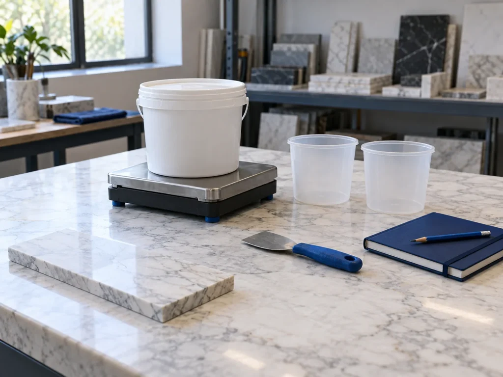 Illustration of a closed plain pail on a platform scale with its display facing away beside empty cups and a notebook