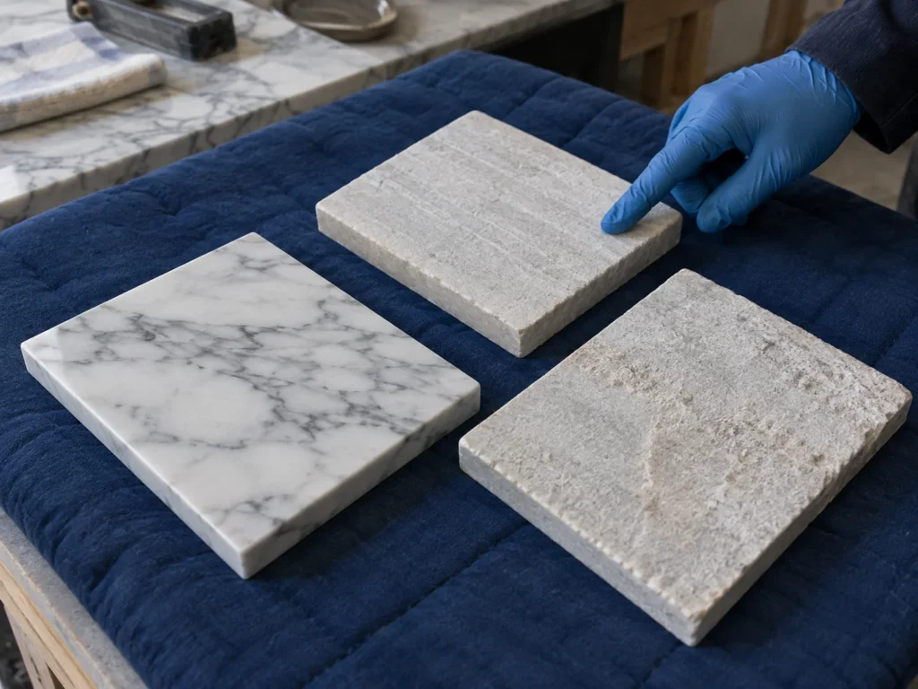 Illustration of polished and sawn reverse faces of marble offcuts being reviewed on a padded bench