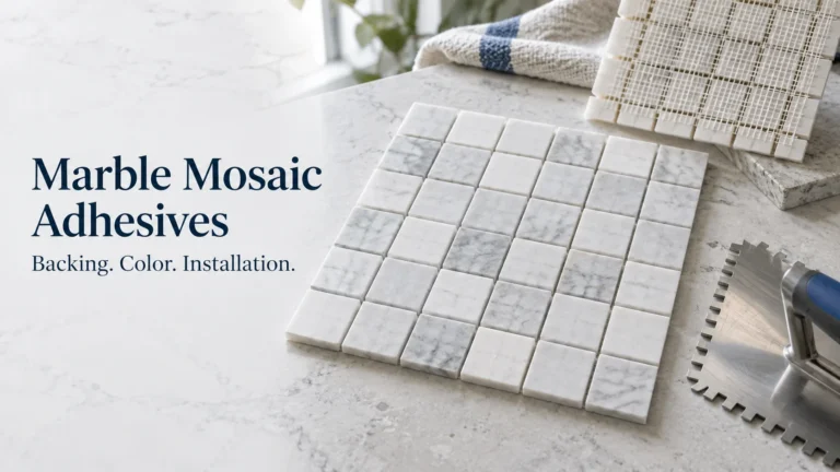 Marble mosaic adhesive guide showing a white marble mosaic sheet, a mesh-backed sample and a notched trowel