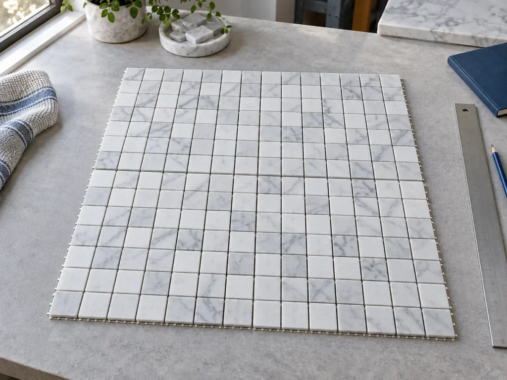 Illustration of white-gray marble mosaic sheets arranged closely together for dry-layout planning