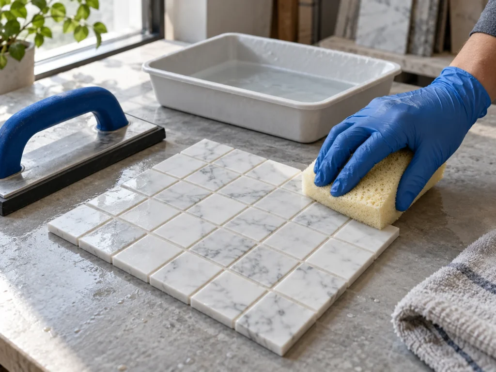Illustration of a gloved hand using a sponge on a marble mosaic sample beside a grout float and water tray