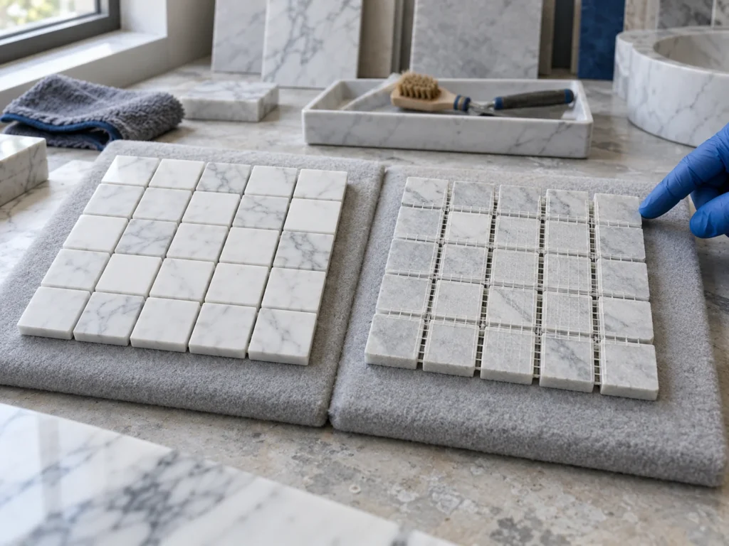 Illustration of face-up and mesh-backed marble mosaic samples being reviewed on padded supports
