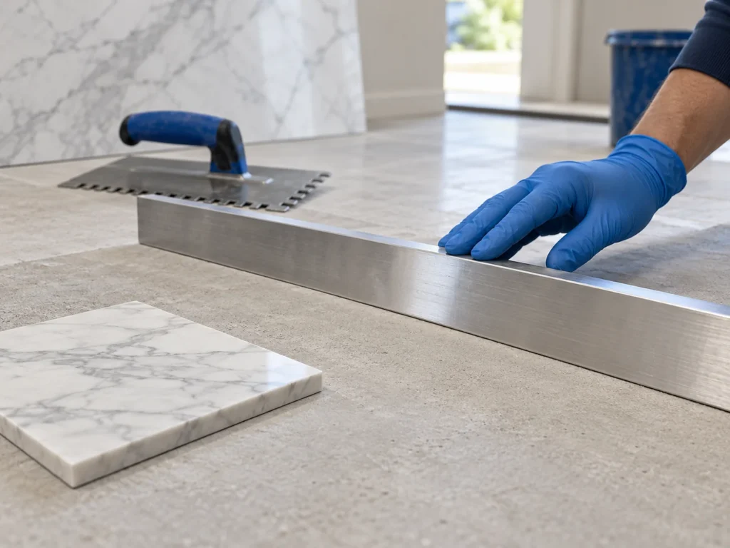 Illustration of a straightedge on a mineral substrate trial area beside a marble sample and notched trowel