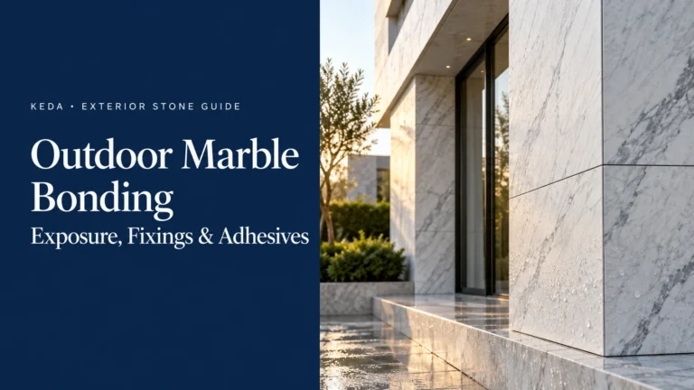 Outdoor marble bonding guide showing a marble-clad exterior and panel joints