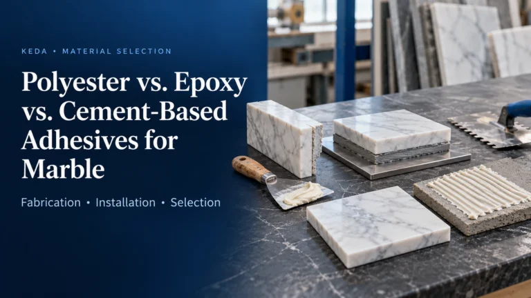 Polyester, epoxy and cement-based adhesive selection for marble fabrication and installation