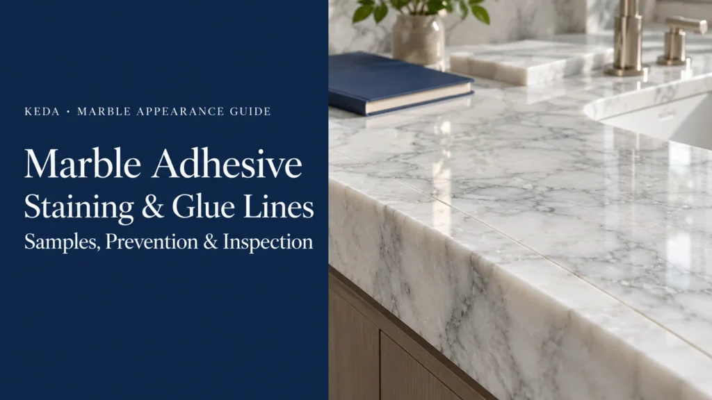 Marble adhesive staining and glue-line guide showing a polished marble vanity with a visible joint
