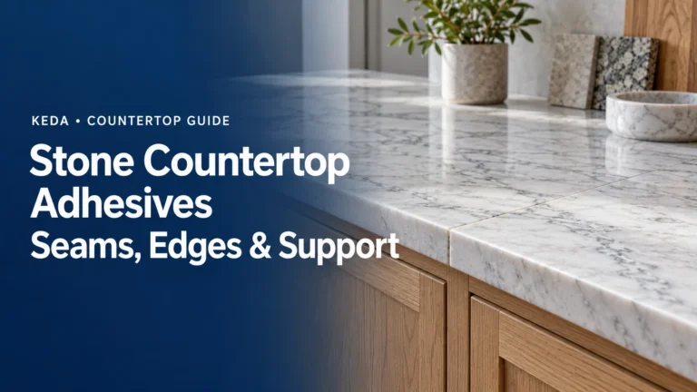 Stone countertop adhesives guide showing a supported marble countertop and a visible seam
