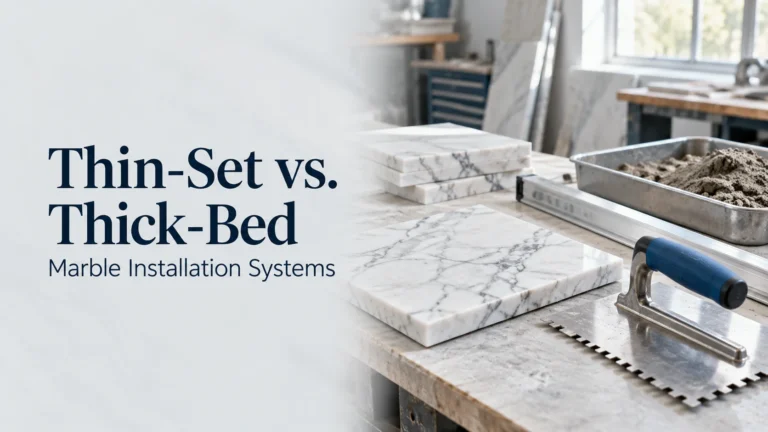 Thin-set versus thick-bed marble installation guide showing stone samples, a notched trowel, straightedge and mortar tray