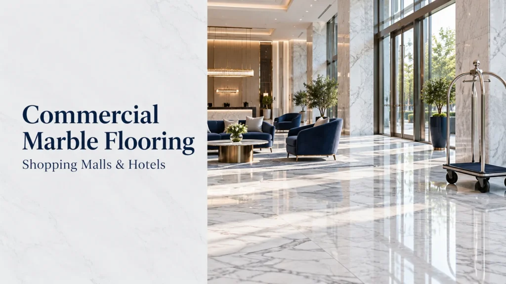 Commercial marble flooring guide showing a bright lobby, blue seating and an empty luggage cart