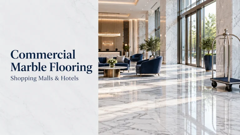 Commercial marble flooring guide showing a bright lobby, blue seating and an empty luggage cart