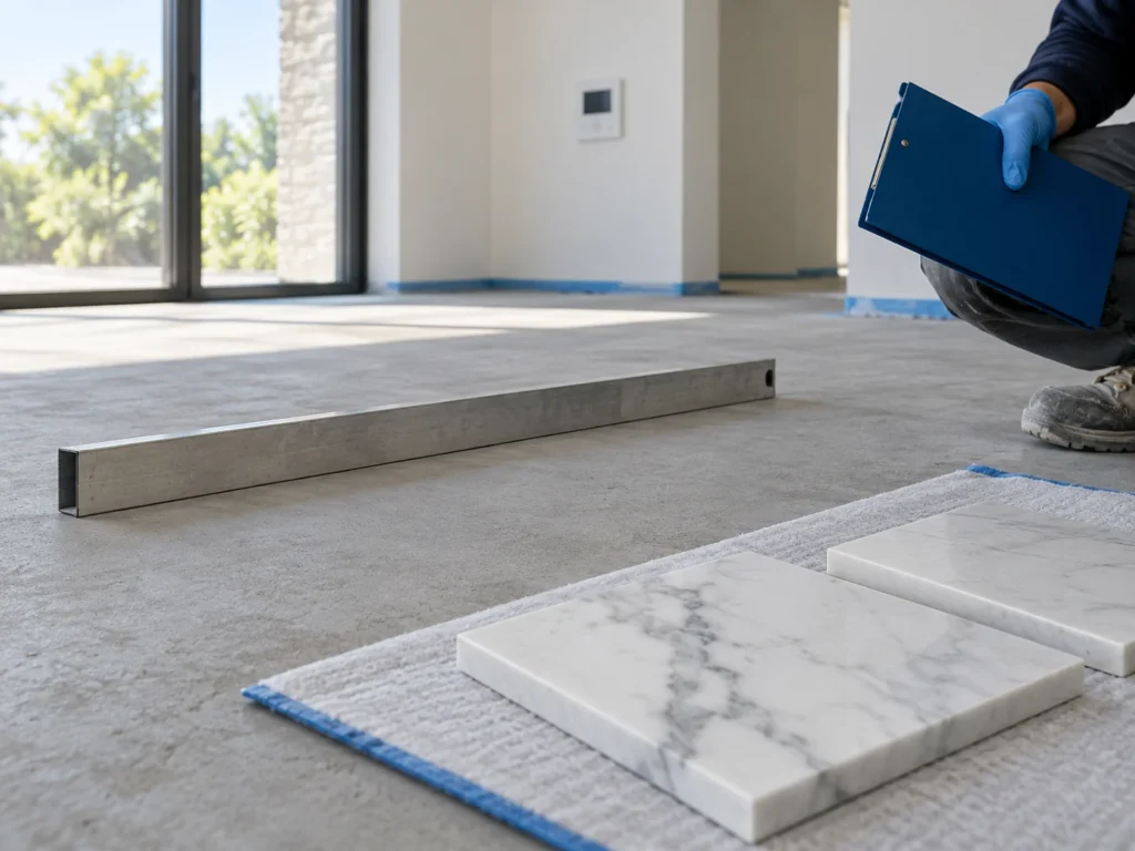 Illustration of a screed floor review with a straightedge, marble samples and a closed record folder