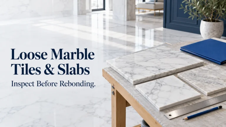 Loose marble tile inspection guide showing supported stone samples, a blue folder and a straightedge