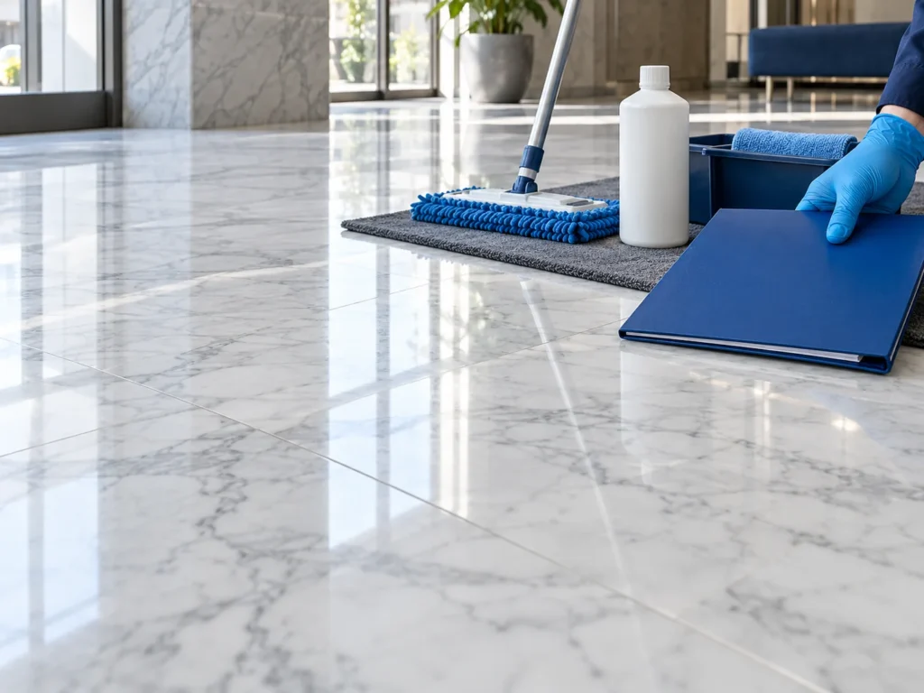 Illustration of dry marble flooring beside cleaning tools and a closed maintenance folder