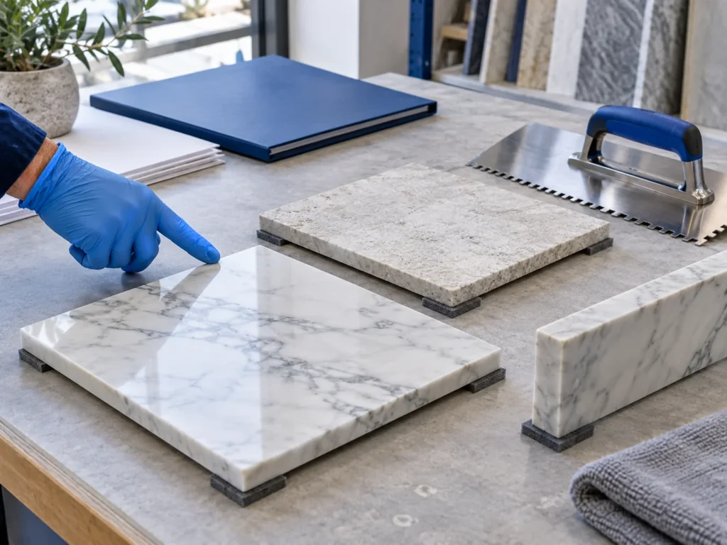 Illustration of marble faces and backs being reviewed beside a trowel and project folder