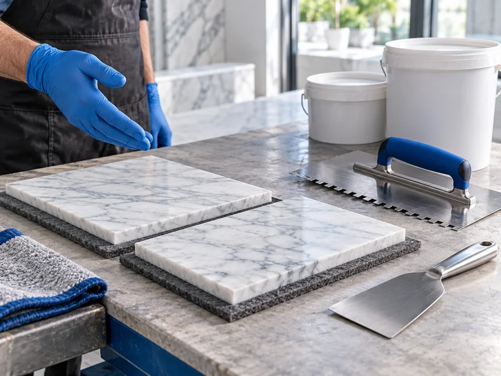 Illustration of marble samples, placement tools and closed plain pails being reviewed on a bench