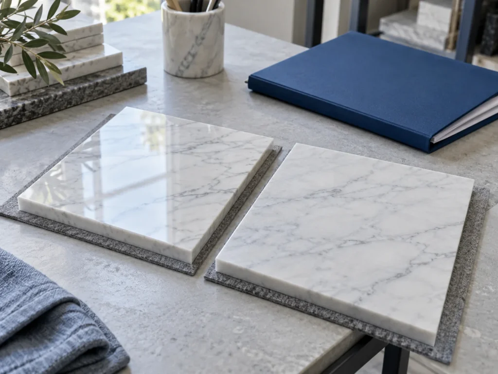 Illustration of polished and satin-finished marble samples beside a project folder