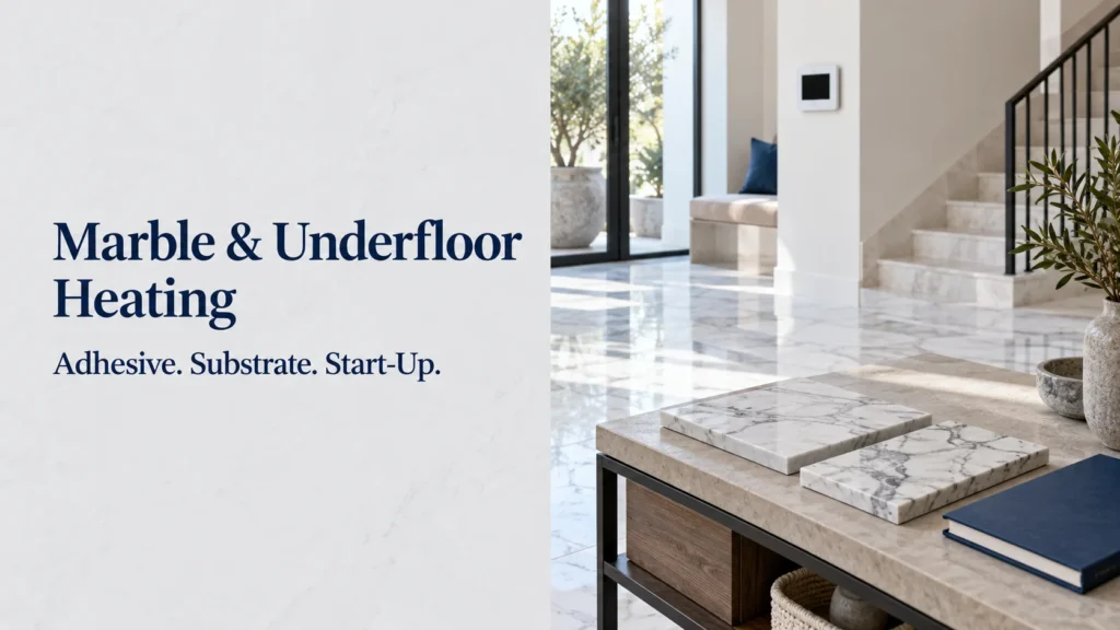 Marble and underfloor heating guide showing stone samples and a generic blank wall control
