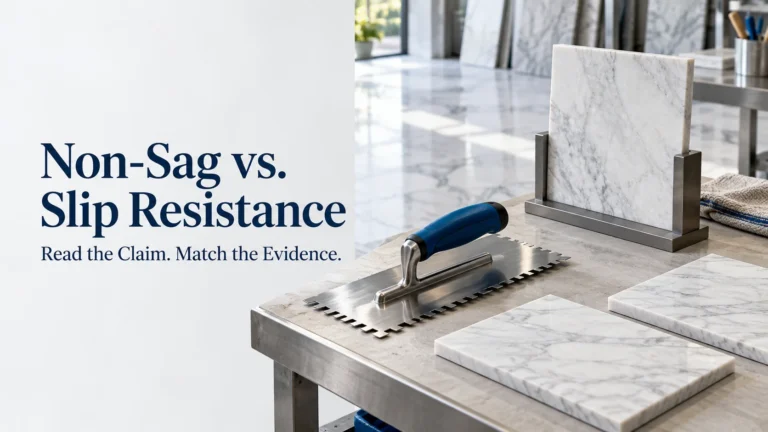 Non-sag versus floor slip resistance guide showing marble samples, a display stand and a notched trowel