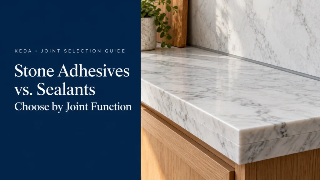 Stone adhesives versus sealants guide showing a marble counter edge and backsplash connection